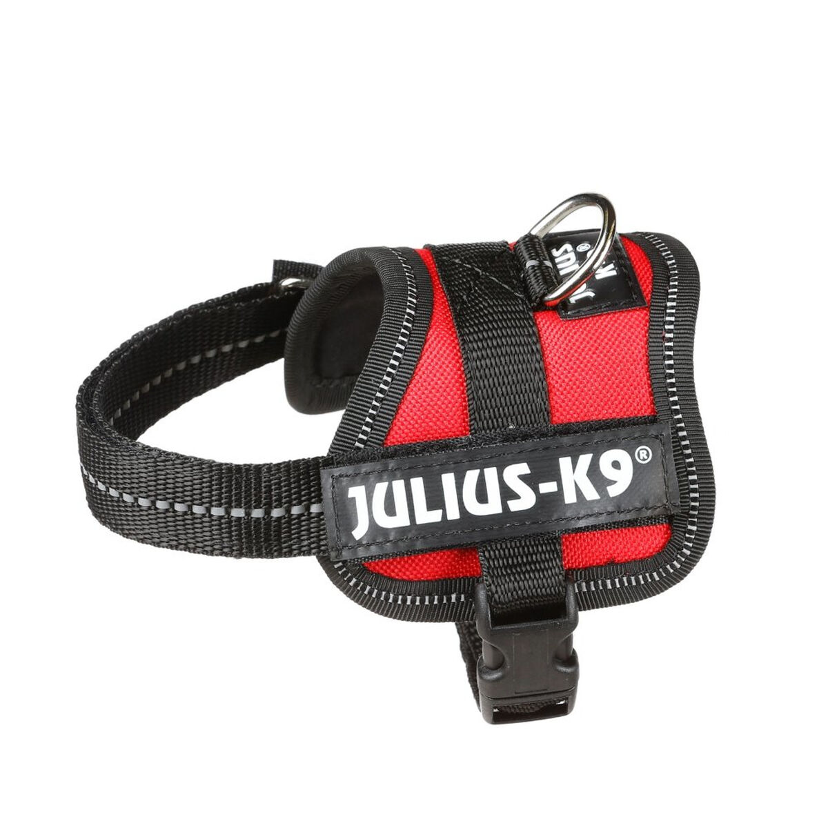 Rotes und schwarzes Hundegeschirr mit 'JULIUS-K9'. Weißer Hintergrund.