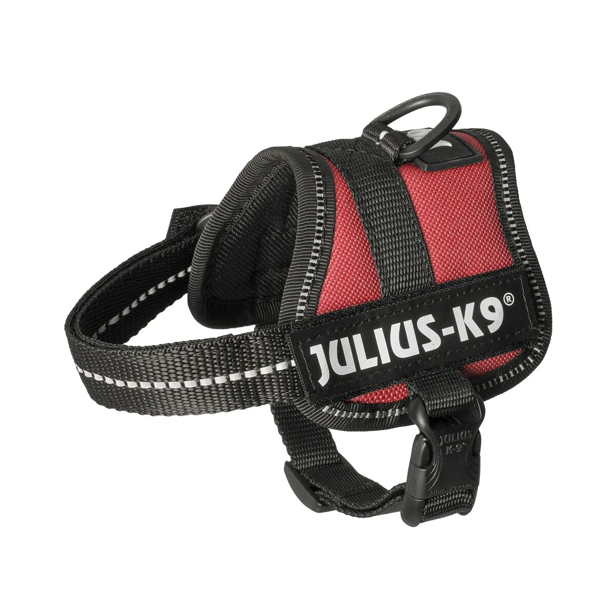 Rotes und schwarzes Hunde-Geschirr mit der Aufschrift 'JULIUS-K9' und einem reflektierenden Streifen.
