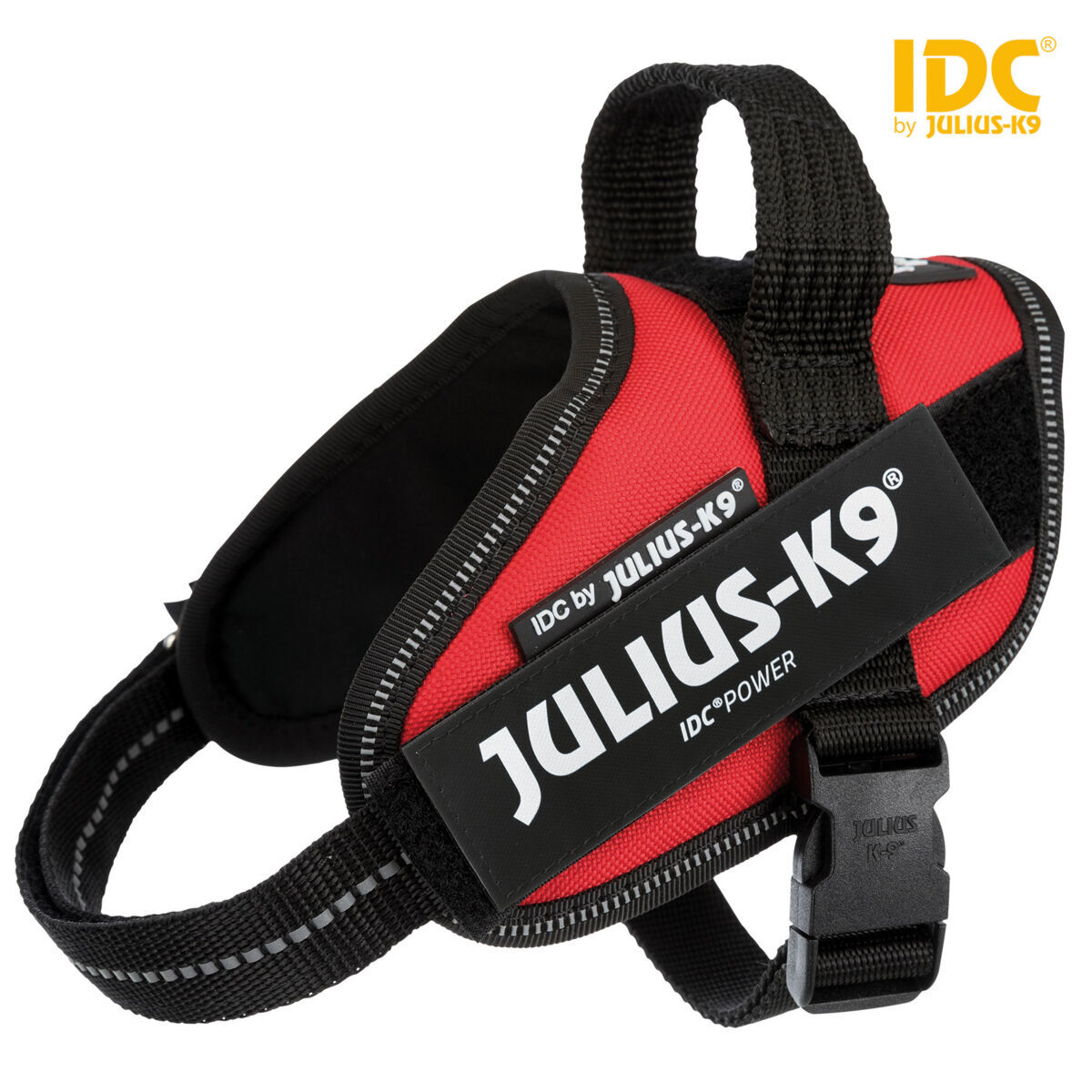 Rotes und schwarzes Hundegeschirr mit dem Markennamen Julius-K9.