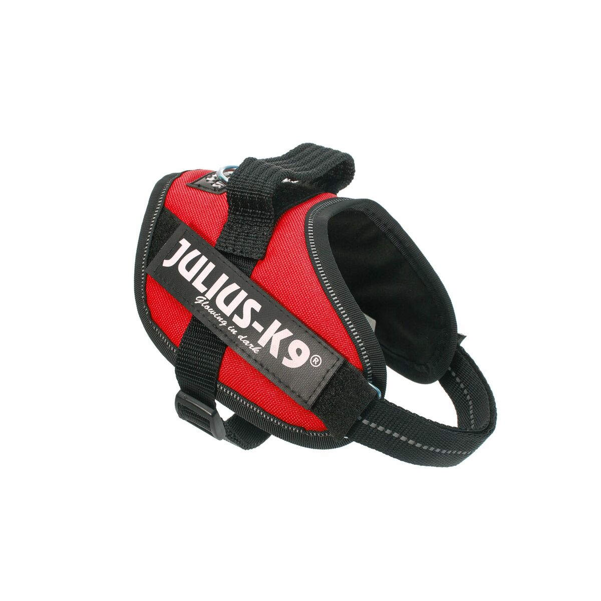 Rotes Hundegeschirr mit schwarzen Riemen und dem Text "JULIUS-K9®" an der Seite.