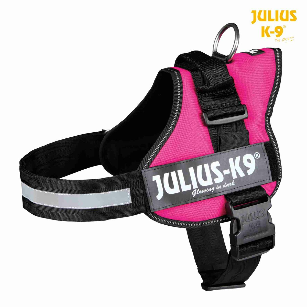 Arnés rosa y negro para perros con la inscripción JULIUS-K9, sobre fondo blanco.