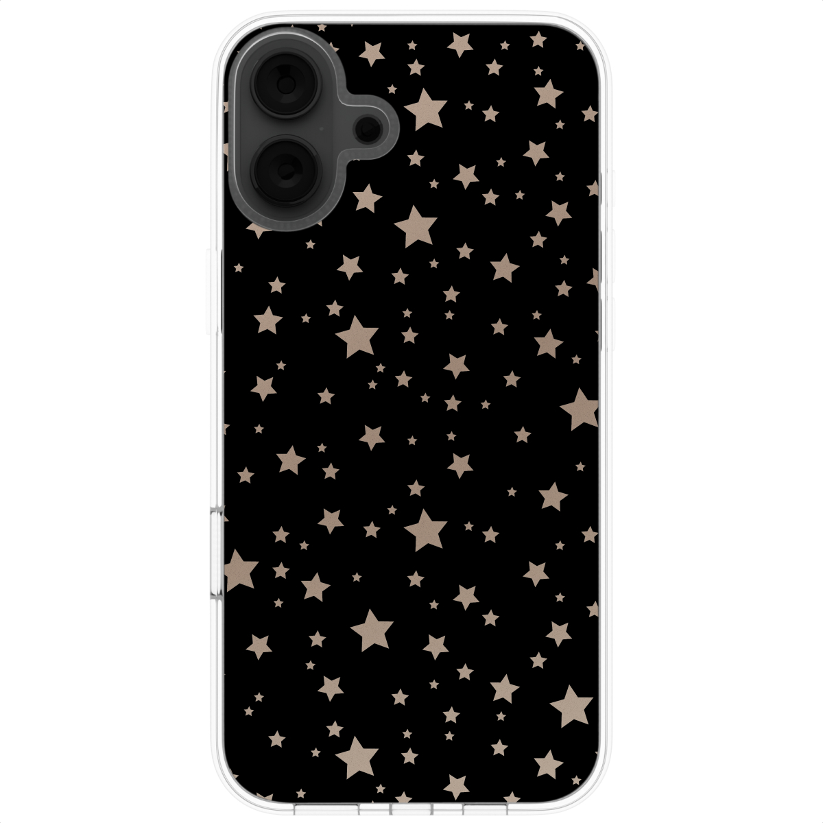 Een zwarte telefoonhoes met een sterrenpatroon. Veel kleine en grote beige sterren.