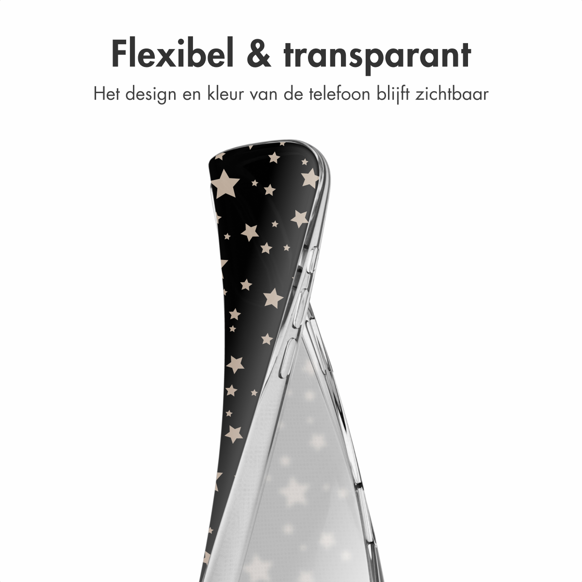 Transparante telefoonhoes met sterrenpatroon op zwarte achtergrond. Tekst 'Flexibel & transparant'.