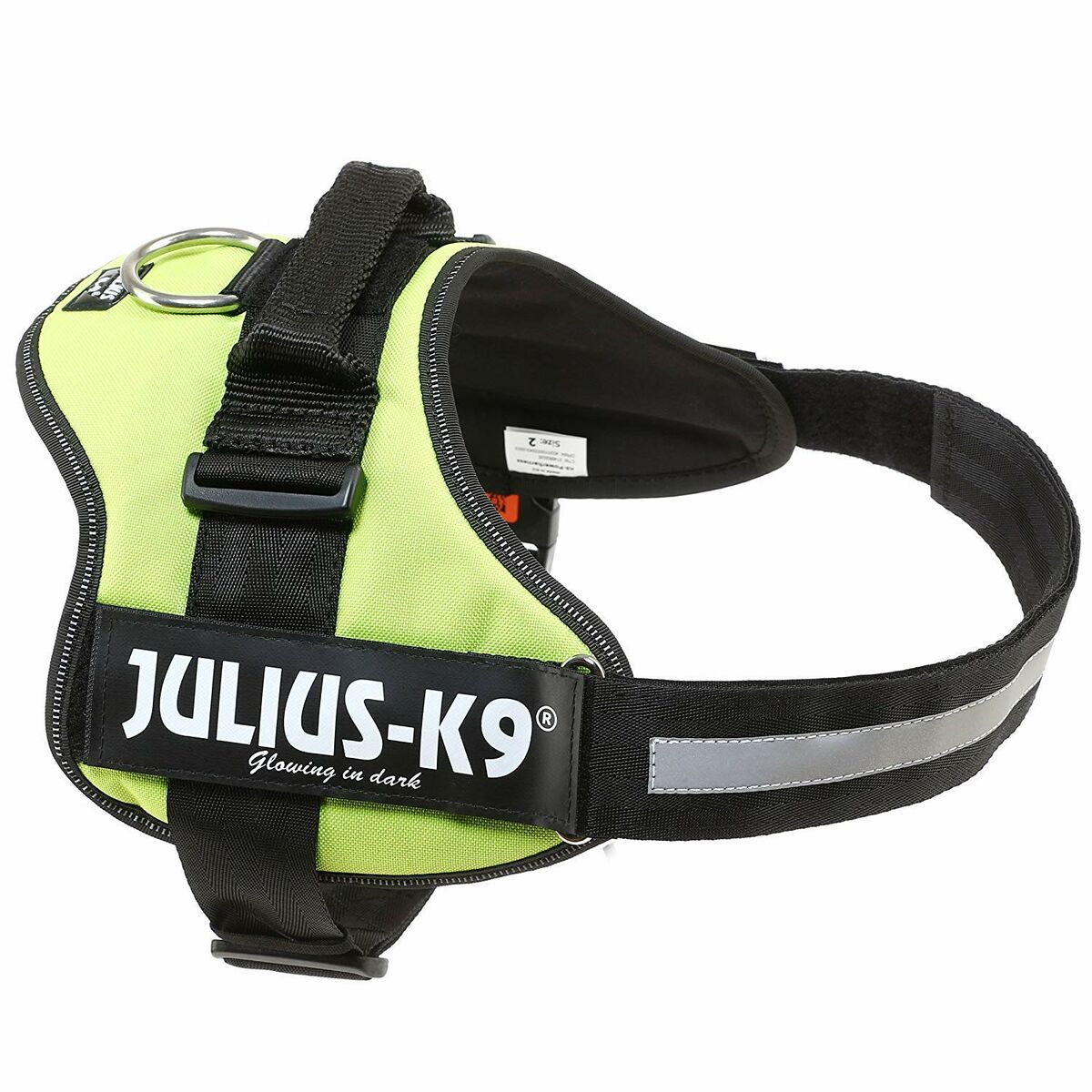 Grünes Hundegeschirr mit schwarzen Riemen und dem Markennamen "JULIUS-K9".