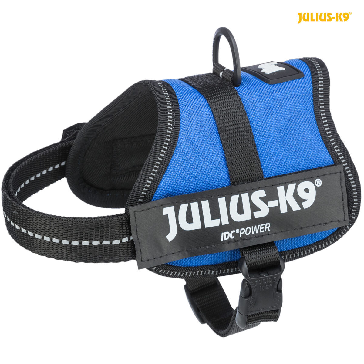 Blaues Hundegeschirr mit schwarzen Riemen und reflektierendem Streifen. Marke ist JULIUS-K9 IDC® POWER.