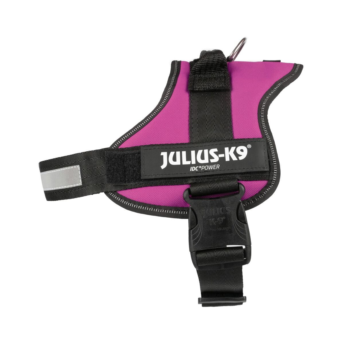Arnés rosa para perros con la marca 'JULIUS-K9' en él, fondo blanco.