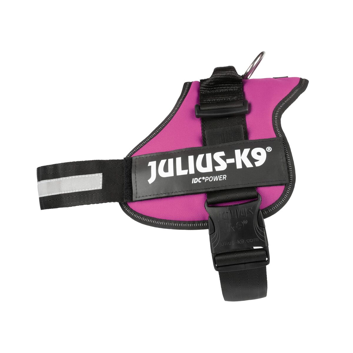Un arnés rosa para perros con correas negras y una tira reflectante, etiquetado con 'JULIUS-K9 IDC POWER'.