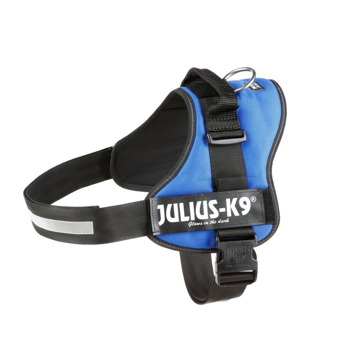 Ein blau-schwarzes Julius-K9 Hundegeschirr mit Reflexstreifen, auf weißem Hintergrund.