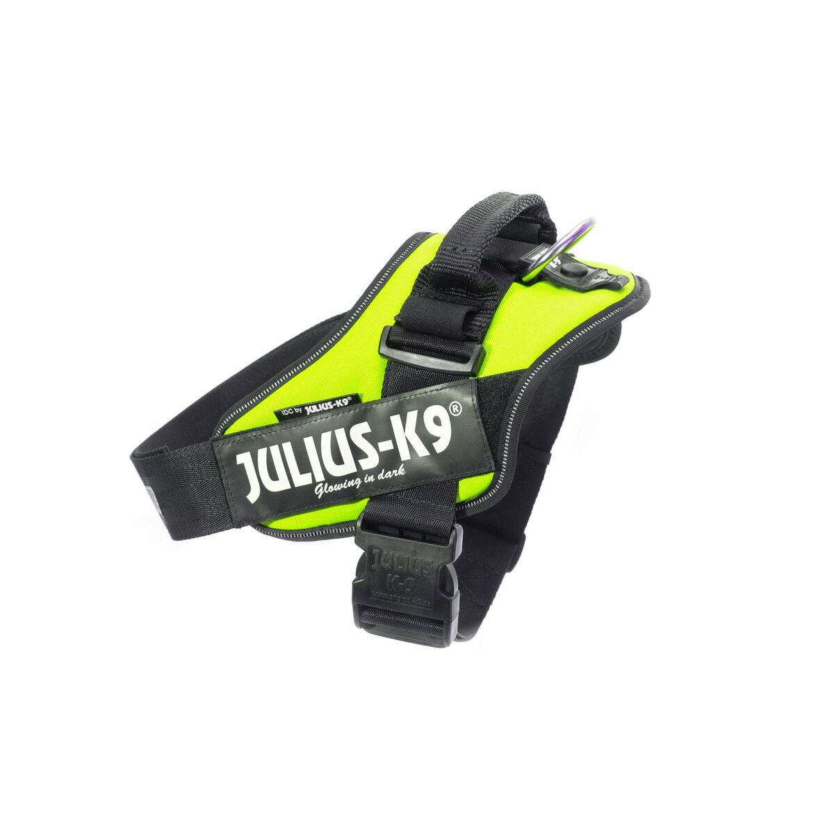Julius-K9 Hundegeschirr, neongrün und schwarz, leuchtet im Dunkeln. Zeigt Geschirr und Logo.