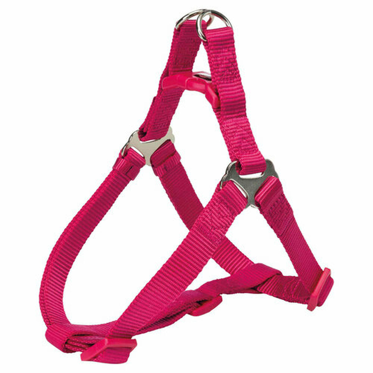 Arnés rosa para perro con cierres metálicos. Las correas de tela acanalada forman una estructura de soporte.