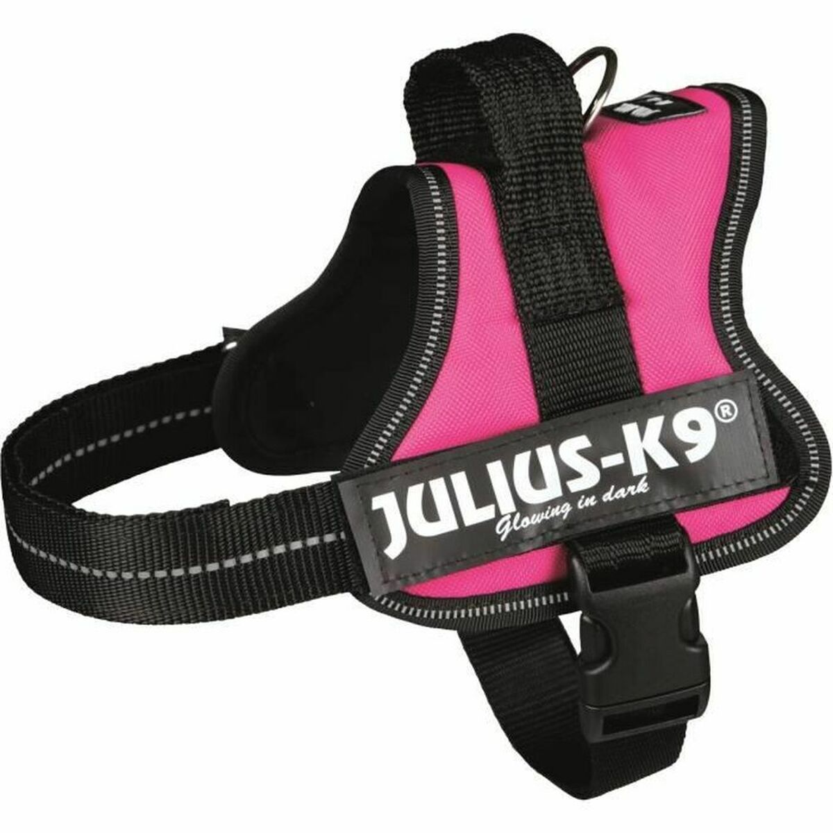 Arnés para perros Julius-K9 rosa con correas negras y franja reflectante, logotipo blanco.