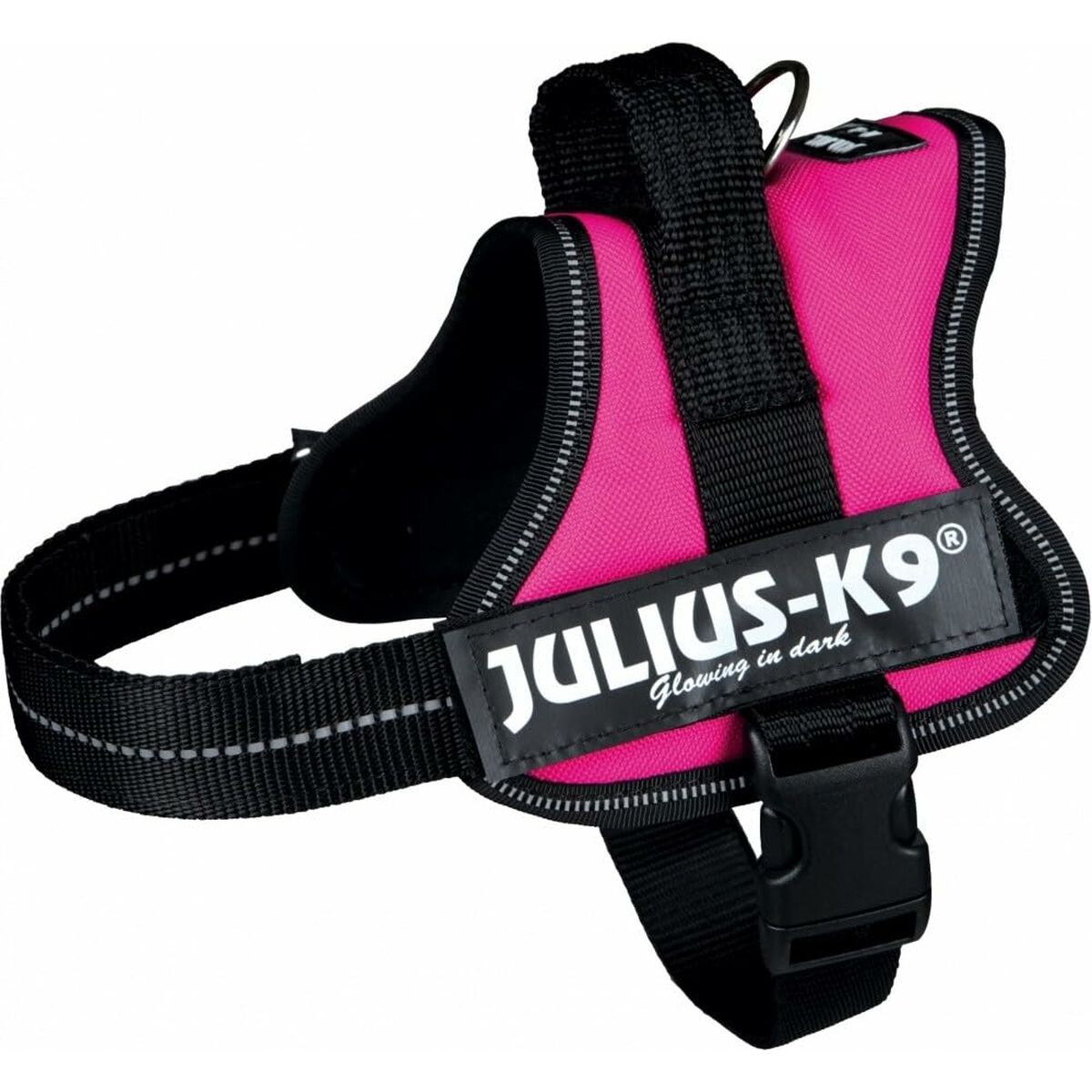 Arnés rosa para perro con correas negras. Texto 'JULIUS-K9' blanco. Hebilla negra y tira reflectante.