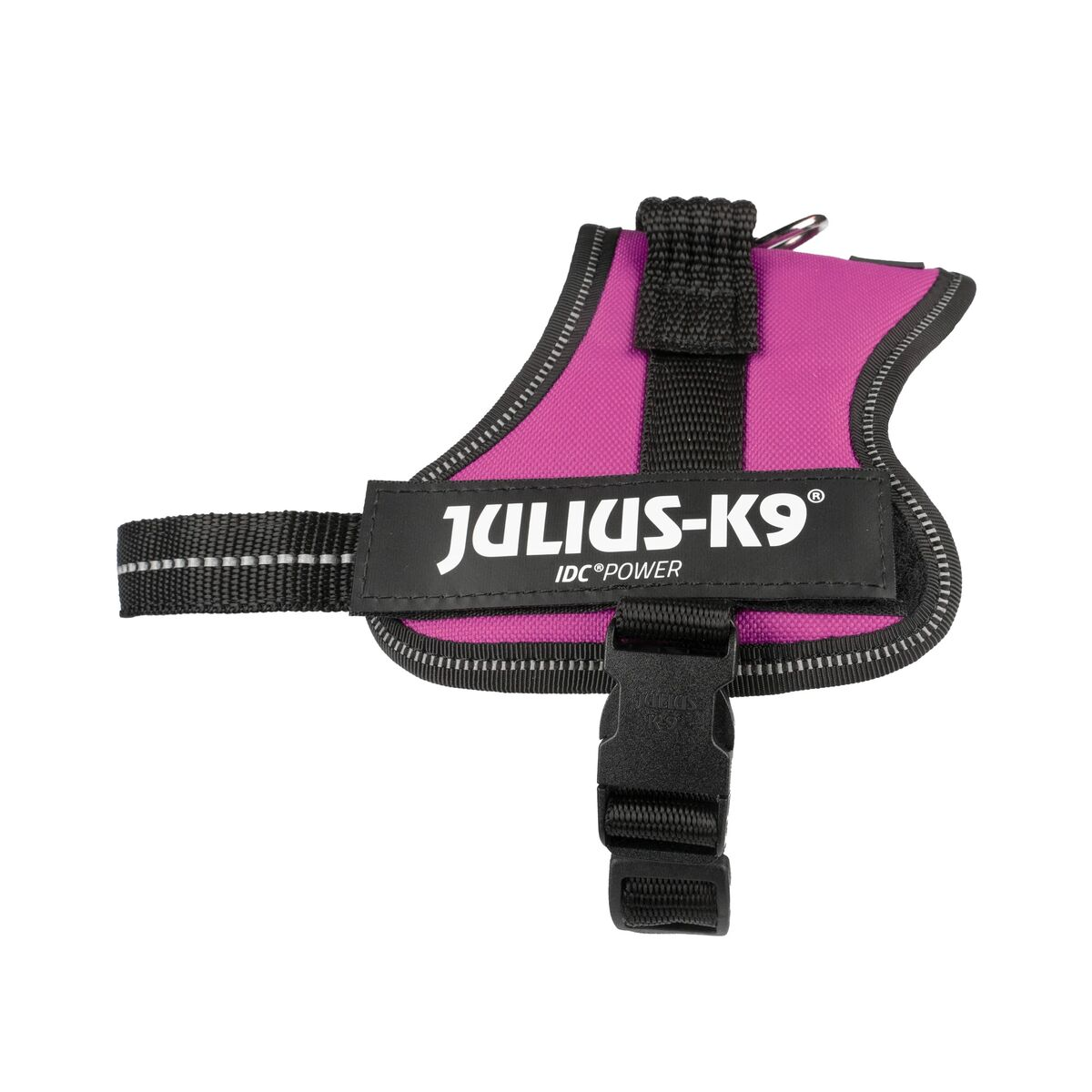 Arnés rosa para perros con el texto "JULIUS-K9".