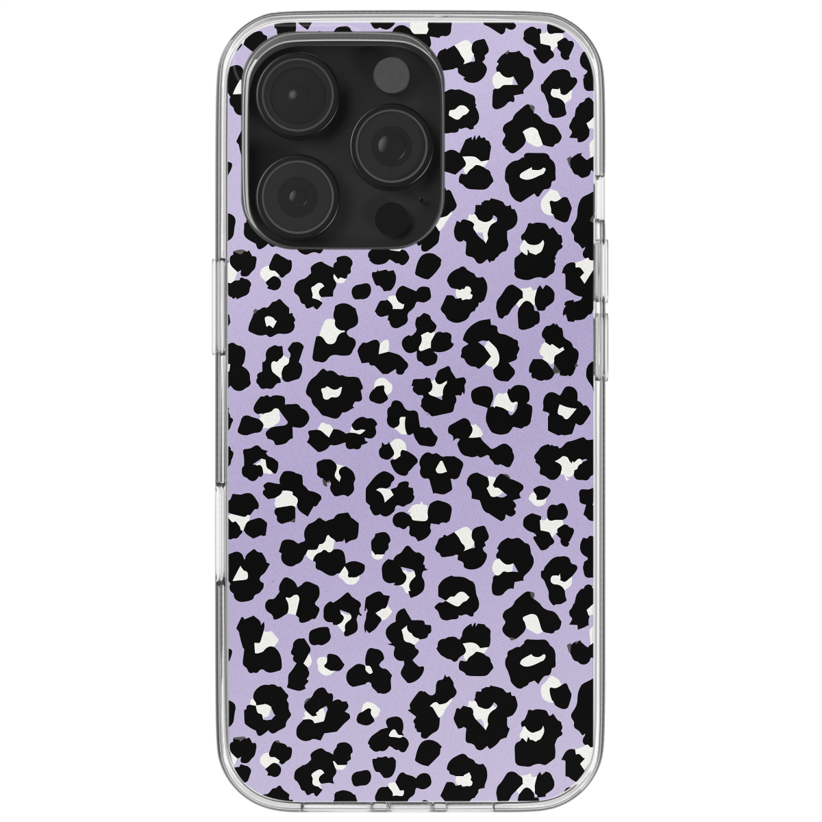 Een paars telefoonhoesje met zwart-witte luipaardvlekken, ter bescherming van een smartphone.