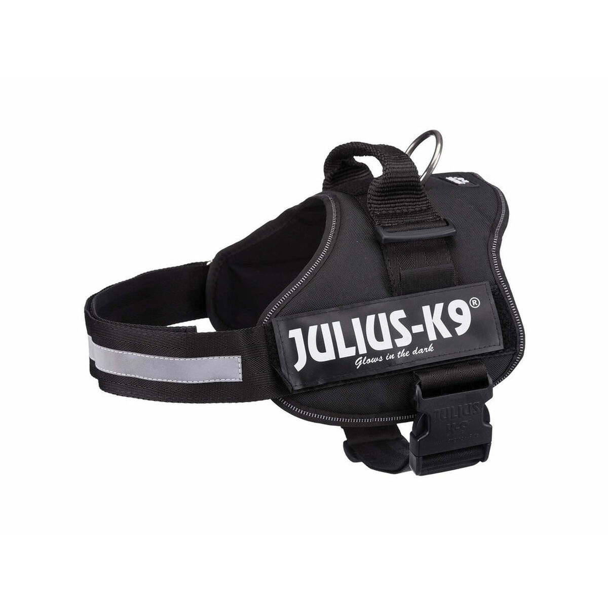 Schwarzes Hundegeschirr mit "JULIUS-K9" Text und Reflektorstreifen. Weißer Hintergrund.