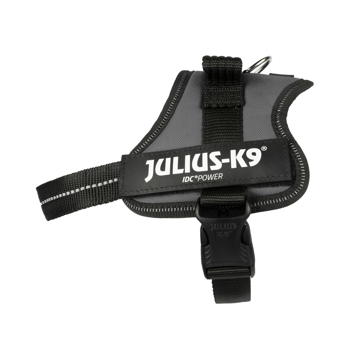 Julius-K9 Hunde-Geschirr. Grau und schwarz, mit weißem Streifen und Logo der Marke vorne.