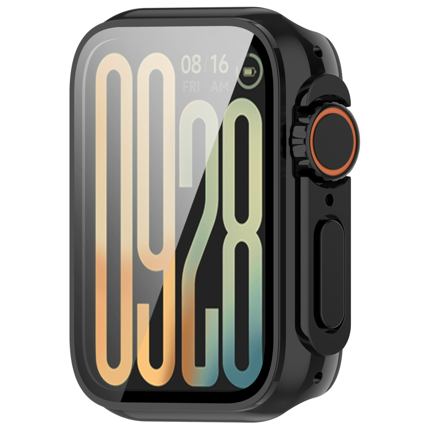 Schwarze Smartwatch mit Seitentaste und digitaler Anzeige mit Zeit und Daten.