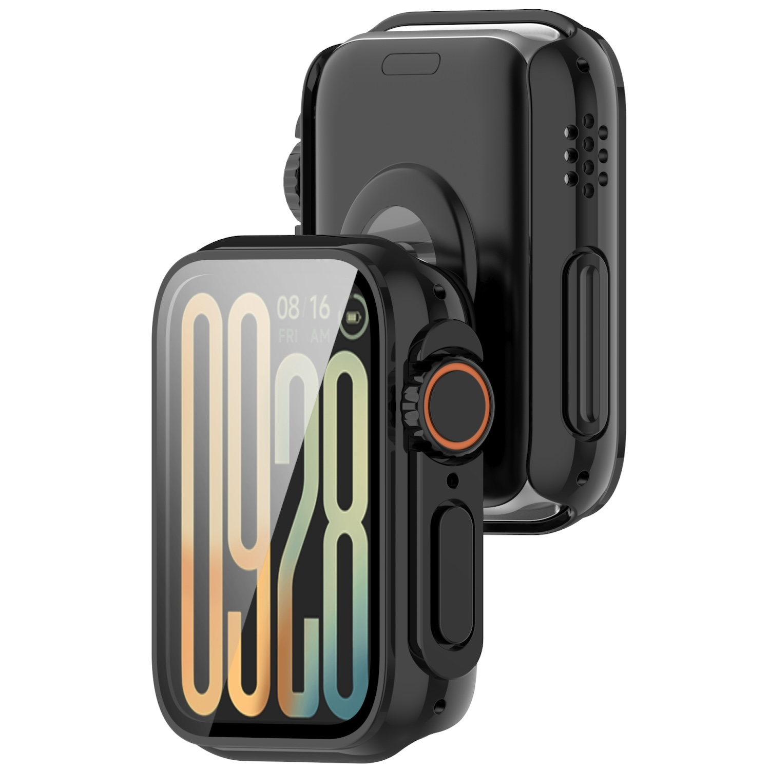 Schwarze Smartwatch im Gehäuse, zeigt die Uhrzeit. Das Gehäuse ist schwarz, mit orangefarbenem Knopf.