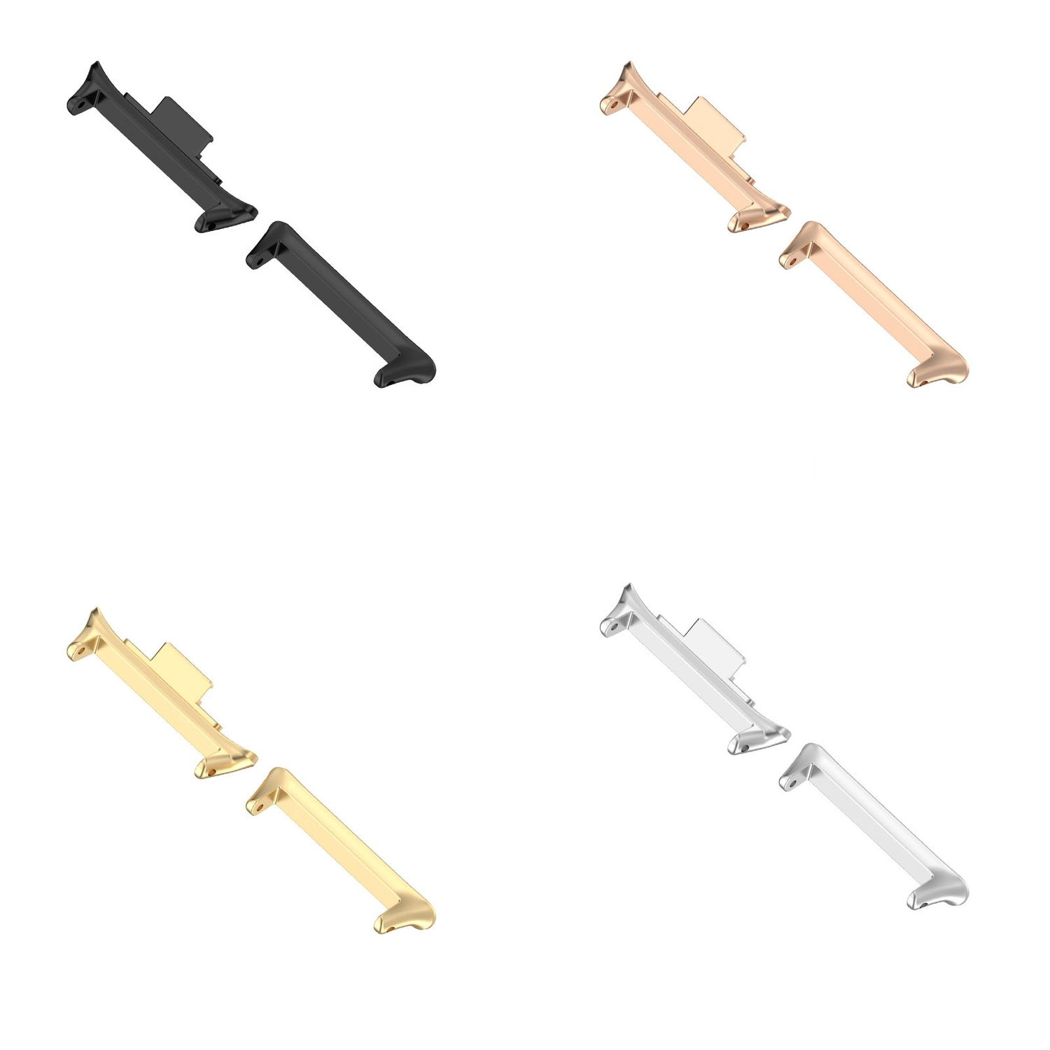 Vier Sätze Uhrenbandadapter in verschiedenen Farben: Schwarz, Roségold, Gold und Silber.