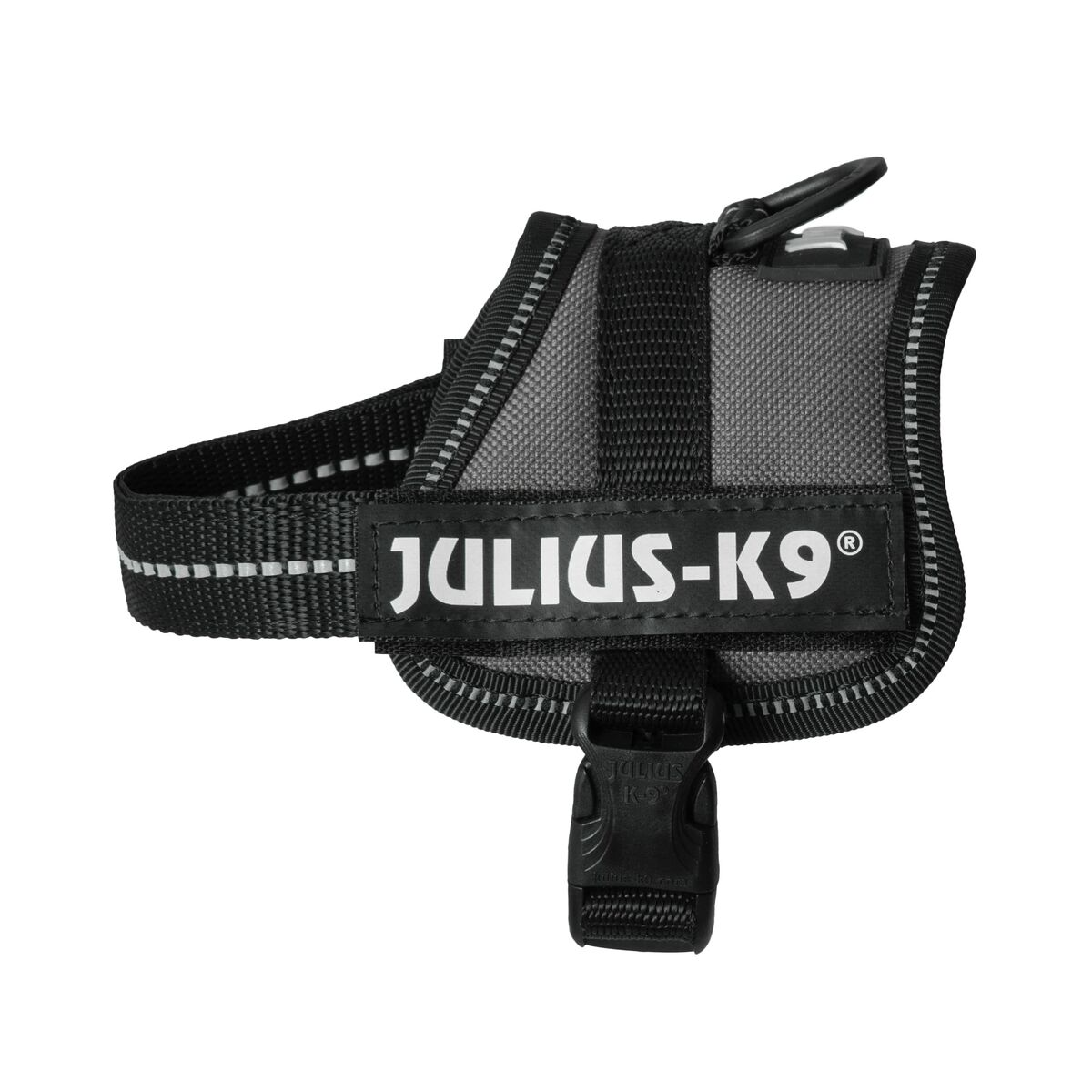 Julius-K9 Hundegeschirr, grau und schwarz mit reflektierenden Streifen und Schnalle.