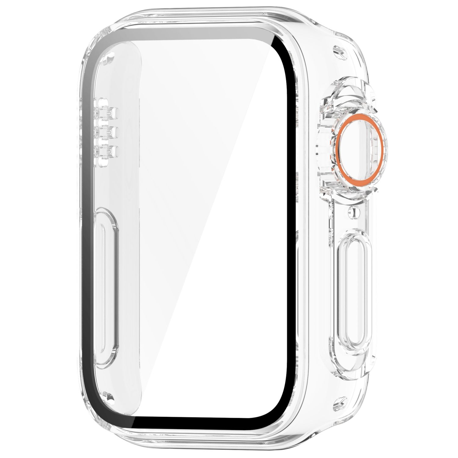 Ein transparentes Uhrengehäuse mit orangefarbenem Knopf auf weißer Oberfläche.