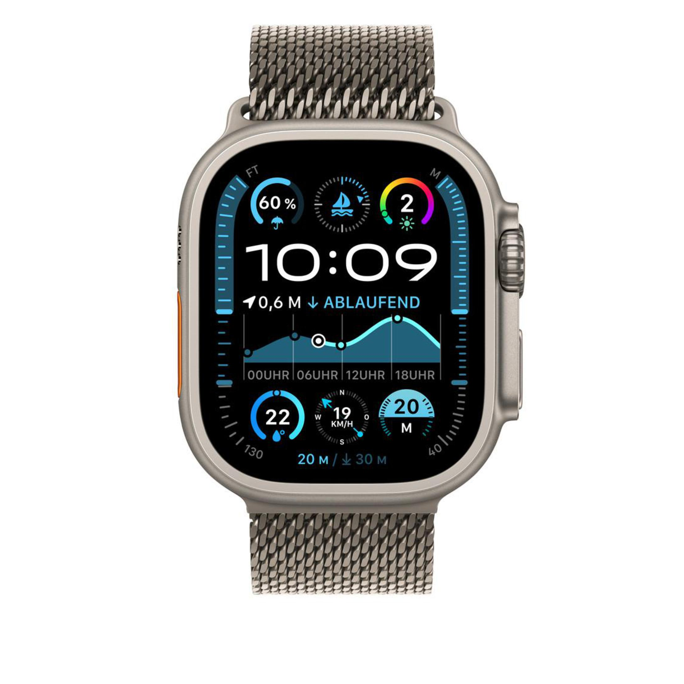 Srebrny smartwatch z siatkowym paskiem, wyświetlający czas, statystyki i dane.