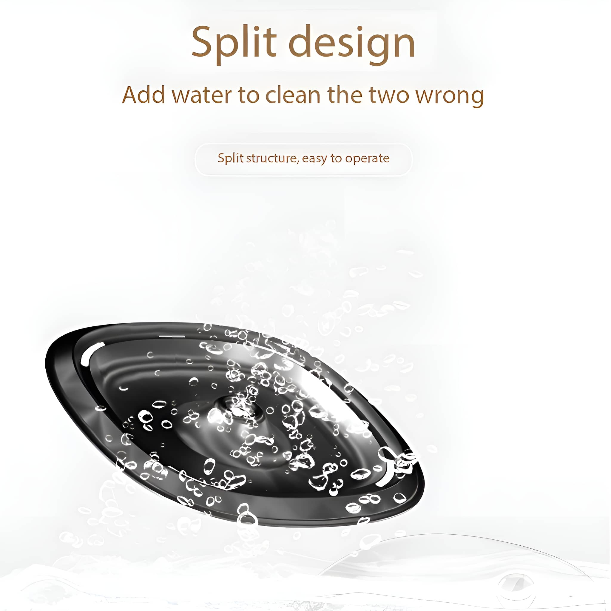 Ein schwarzes Gerät mit Wassertröpfchen, mit Text über sein geteiltes Design.