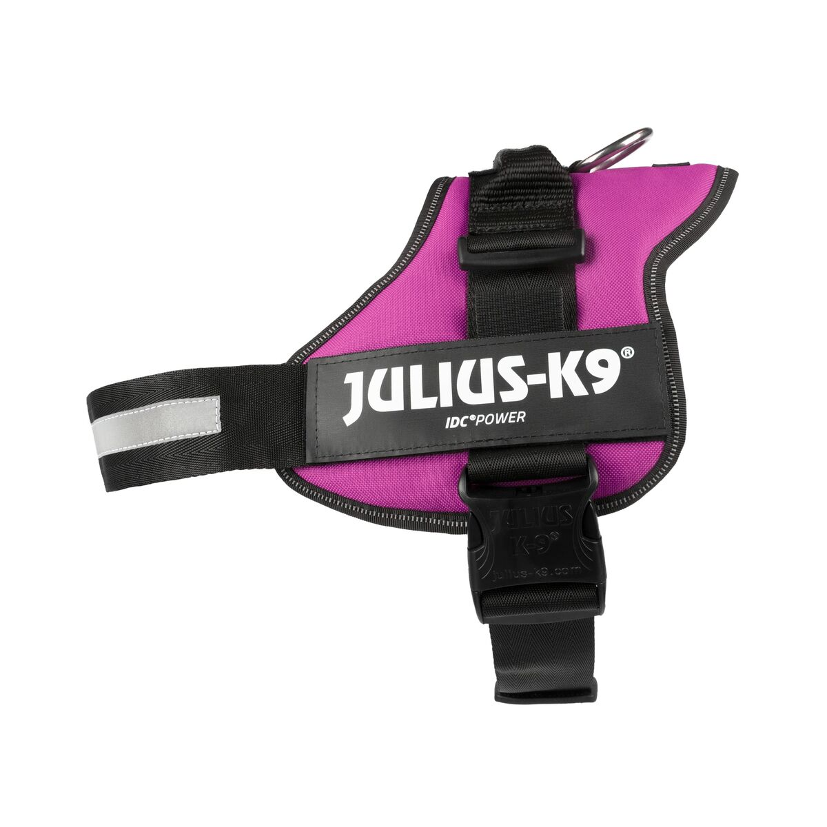 Pinkfarbenes Hundegeschirr mit schwarzen Gurten und dem Julius-K9-Logo. Hat einen Reflexstreifen.