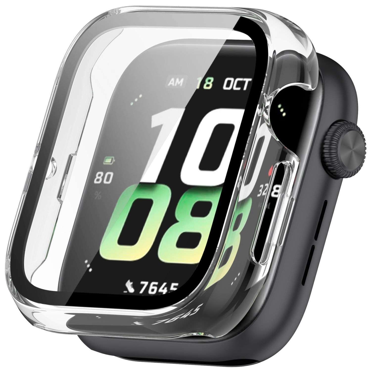 Smartwatch con custodia trasparente. È nero con display digitale. Sfondo bianco.