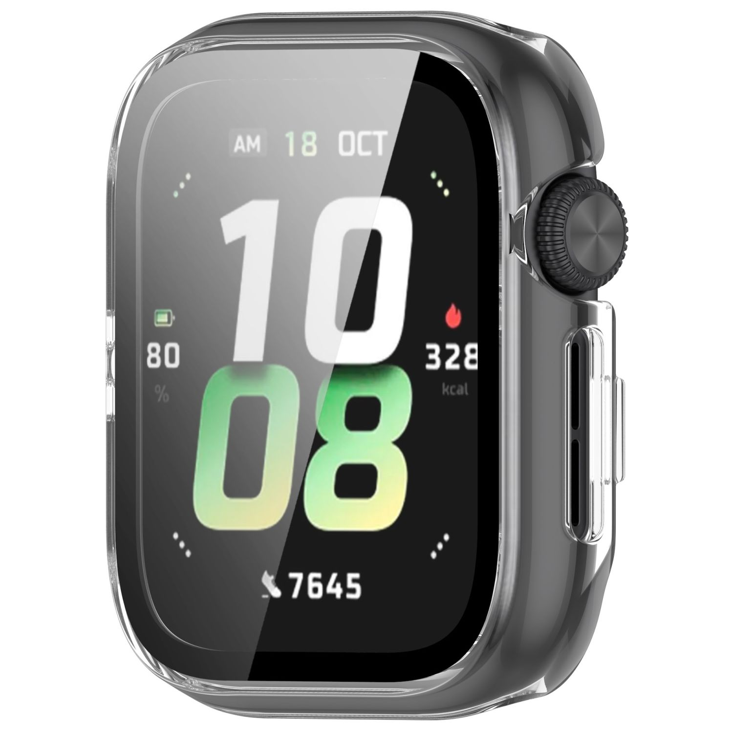 Uno smartwatch nero con una protezione schermo trasparente, che mostra l'ora e i dati sanitari.