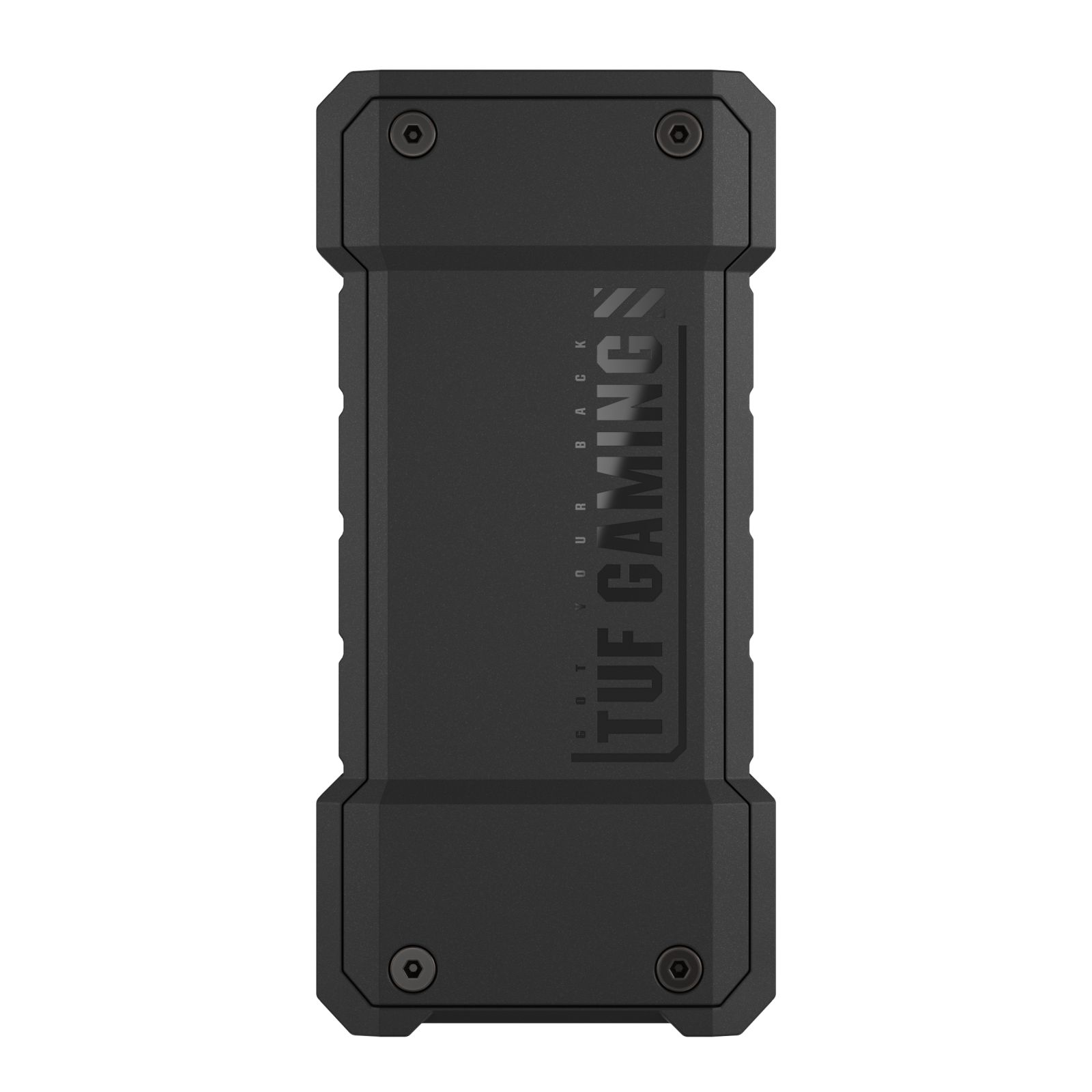 Czarny zewnętrzny dysk twardy TUF Gaming z nadrukiem nazwy marki.