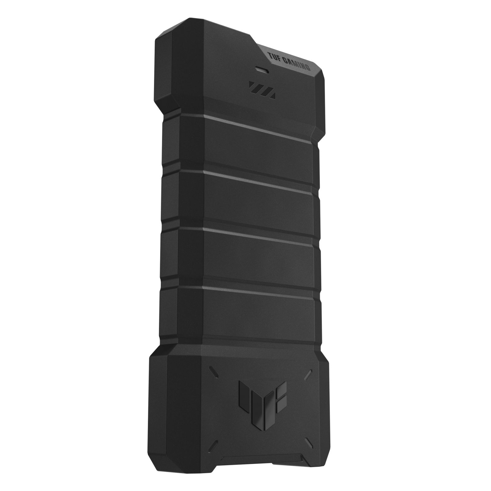 Czarny, prostokątny zewnętrzny dysk twardy. Posiada logo TUF Gaming i żebrowaną konstrukcję.