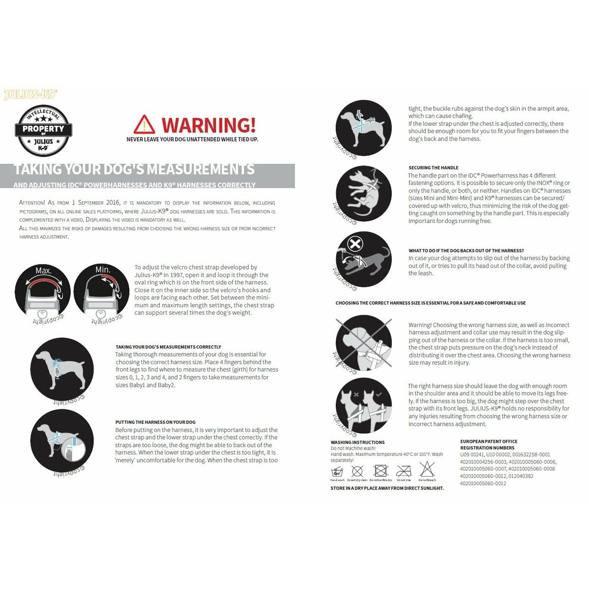 Instrucciones para la medición y el uso del arnés para perros. Texto y diagramas sobre fondo blanco.