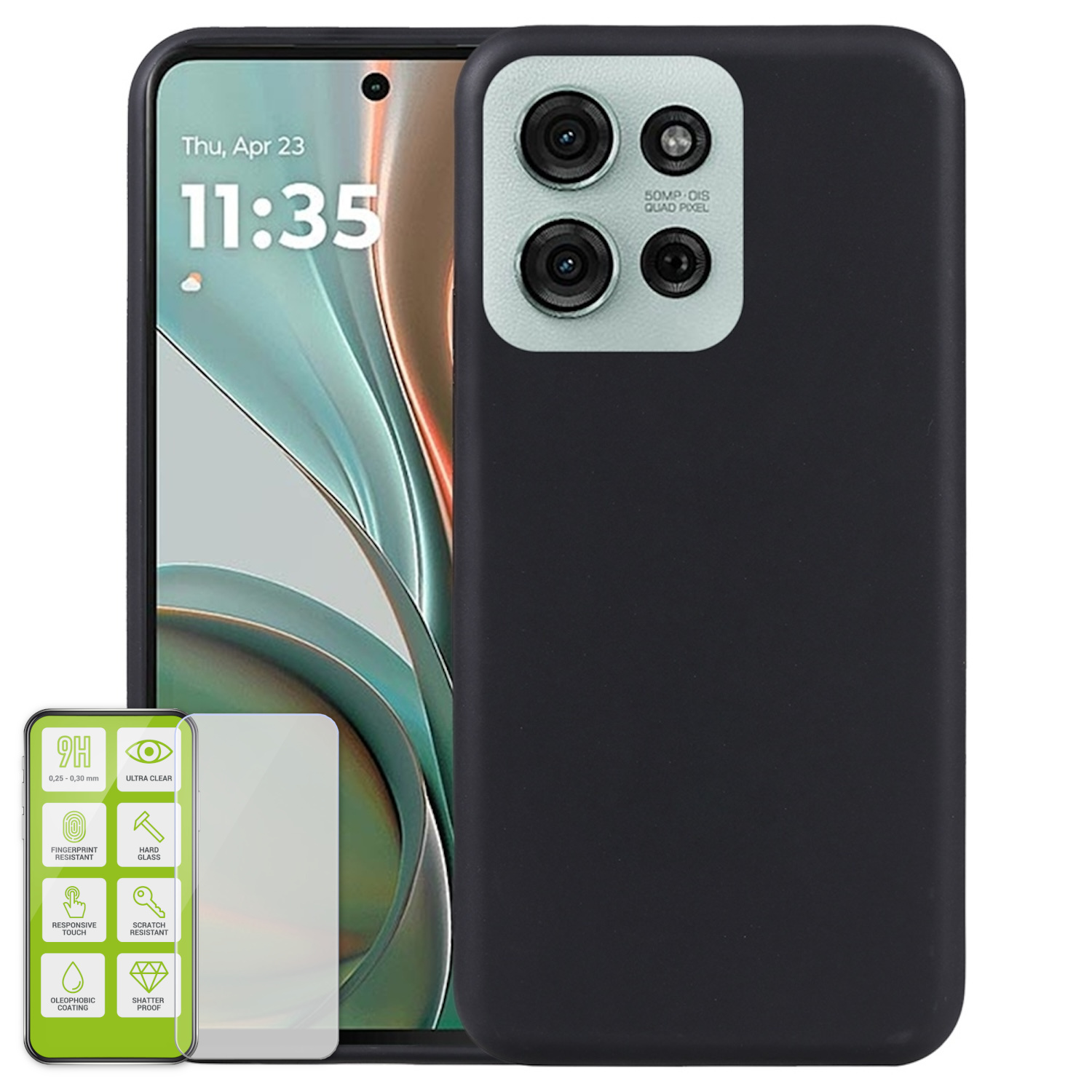 Schwarze Handyhülle mit einem Telefon und einem Displayschutz. Weißer Hintergrund.