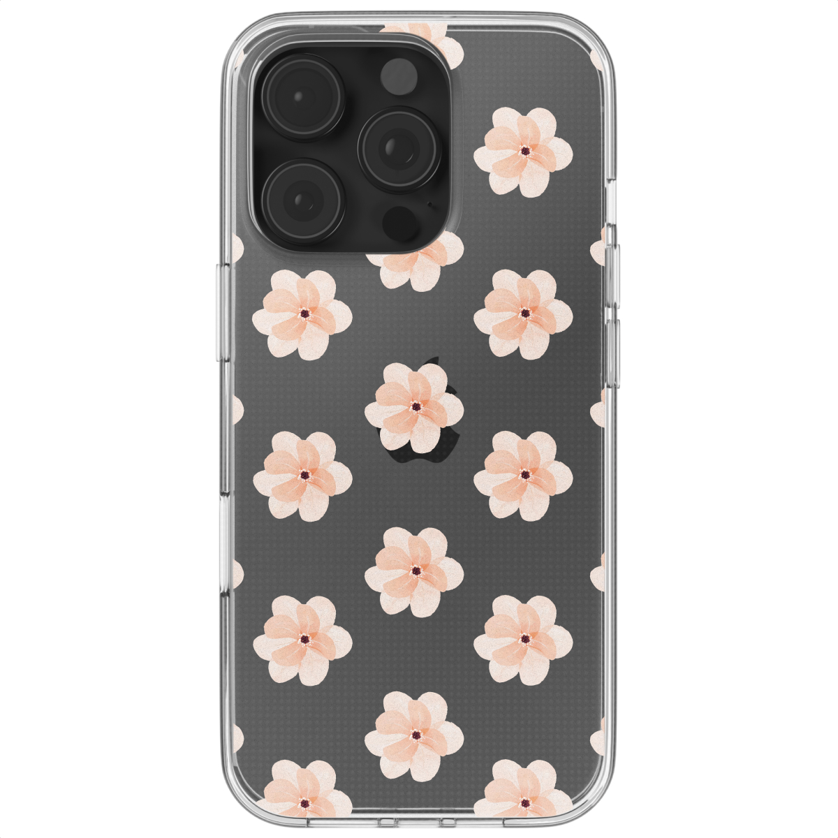 Transparante telefoonhoes met een bloemenpatroon. De bloemen zijn roze en de achtergrond donker.