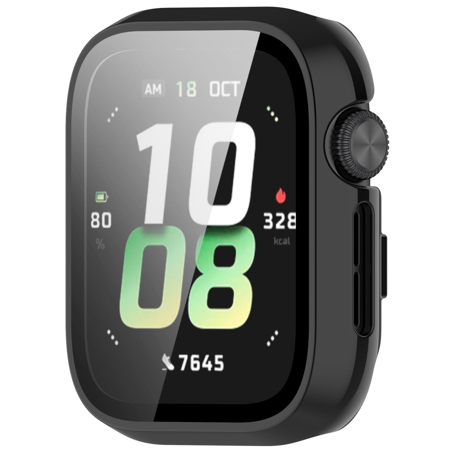 Eine schwarze Smartwatch-Hülle mit der Uhrzeit 10:08 und der Akkulaufzeit. Das Display hat ein digitales Layout mit weißen Ziffern.