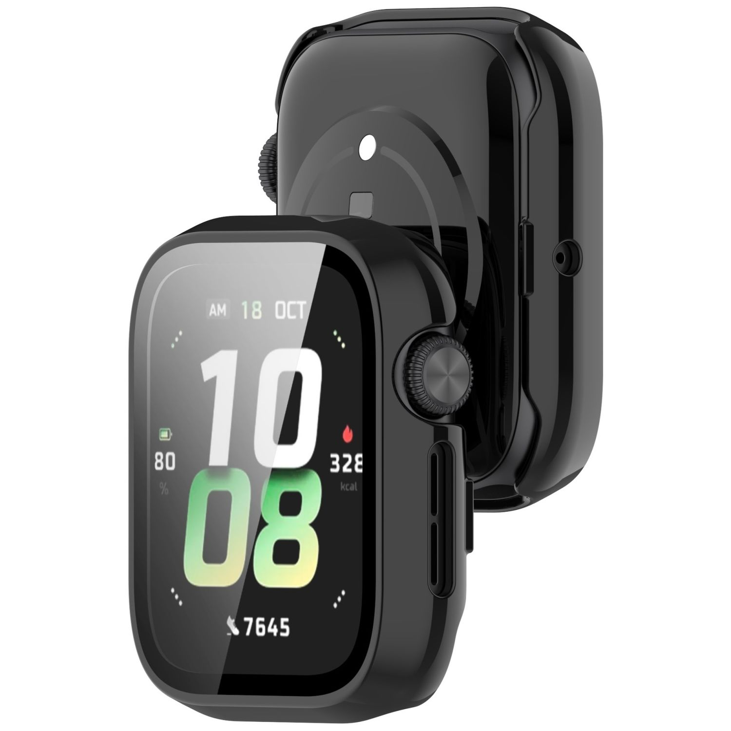 Schwarzes Smartwatch-Gehäuse mit digitaler Anzeige. Die Uhrzeit ist 10:08 und der Akku 80 %.