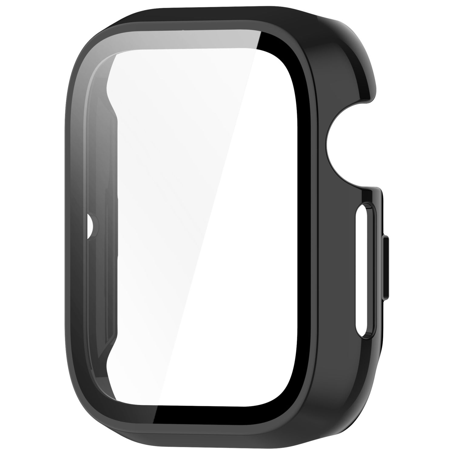 Schwarzes Smartwatch-Gehäuse mit transparentem Bildschirm.