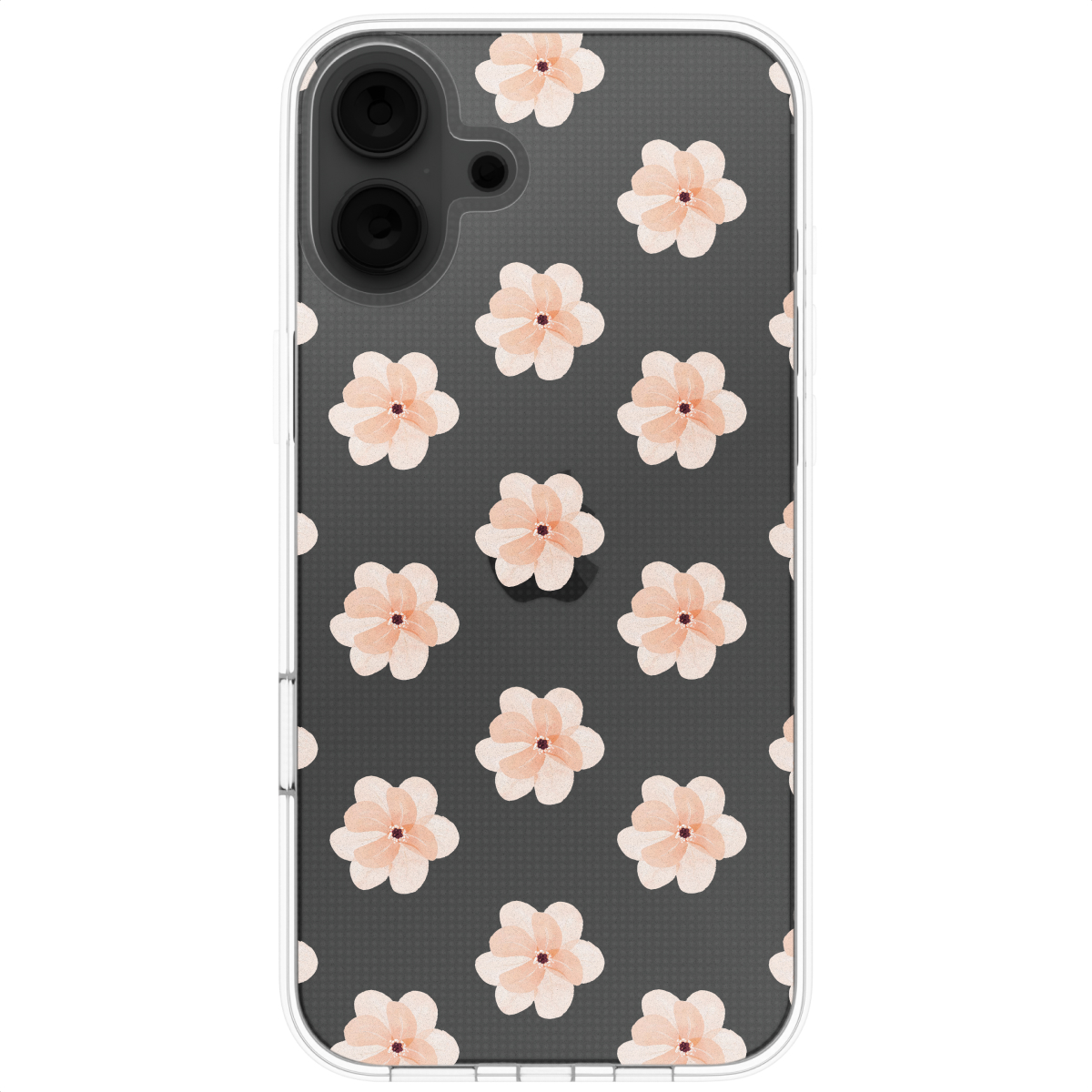 Transparante telefoonhoes met bloemenpatroon. Bloemen zijn lichtroze op een donkergrijze achtergrond.
