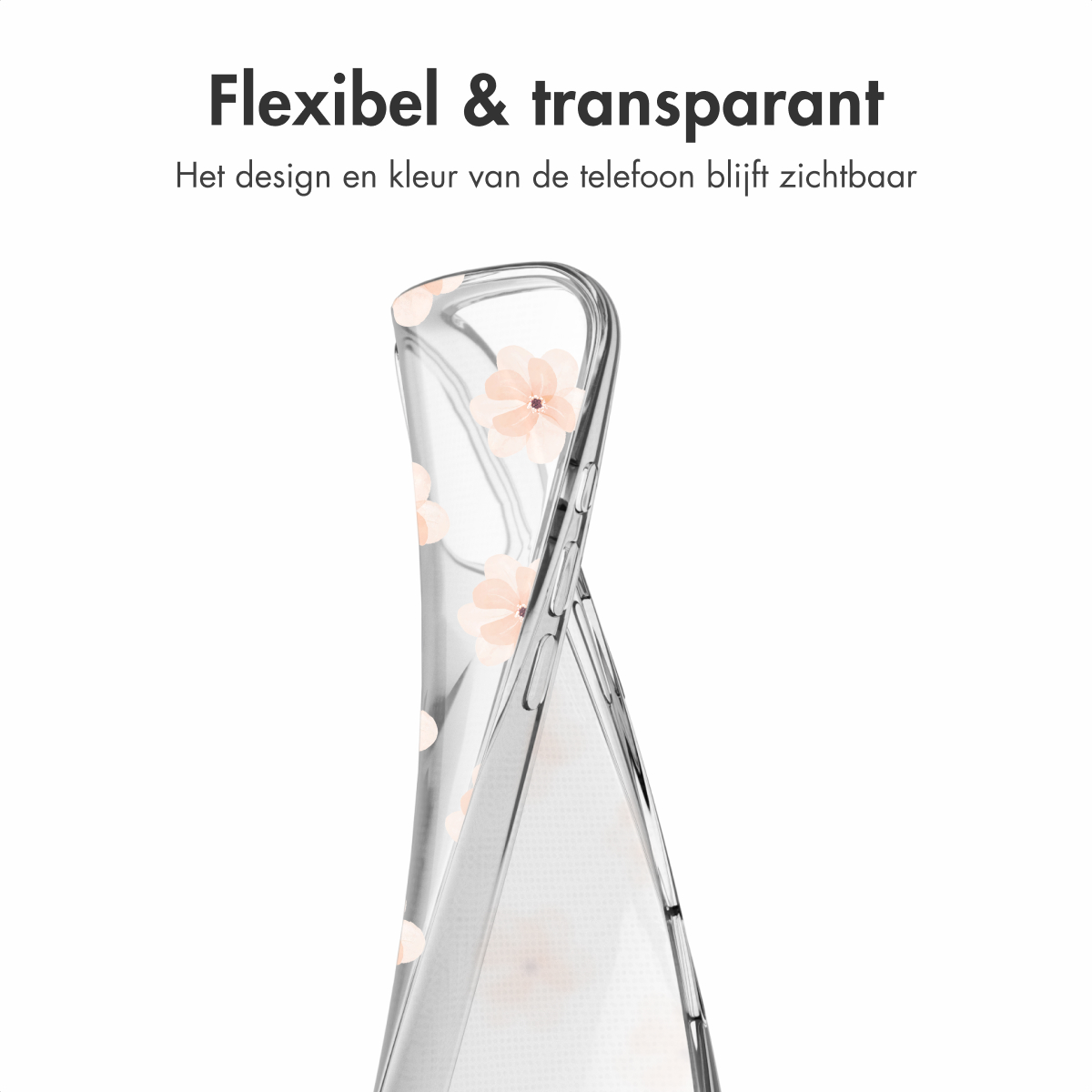Transparante telefoonhoes met roze bloemenpatroon, buigend. Witte achtergrond.
