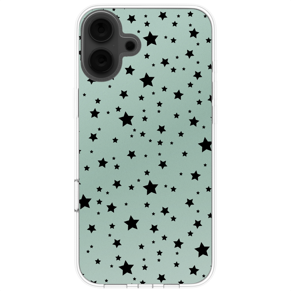 Telefoonhoesje met een mintgroene achtergrond en zwarte sterren. De hoes is transparant aan de randen.