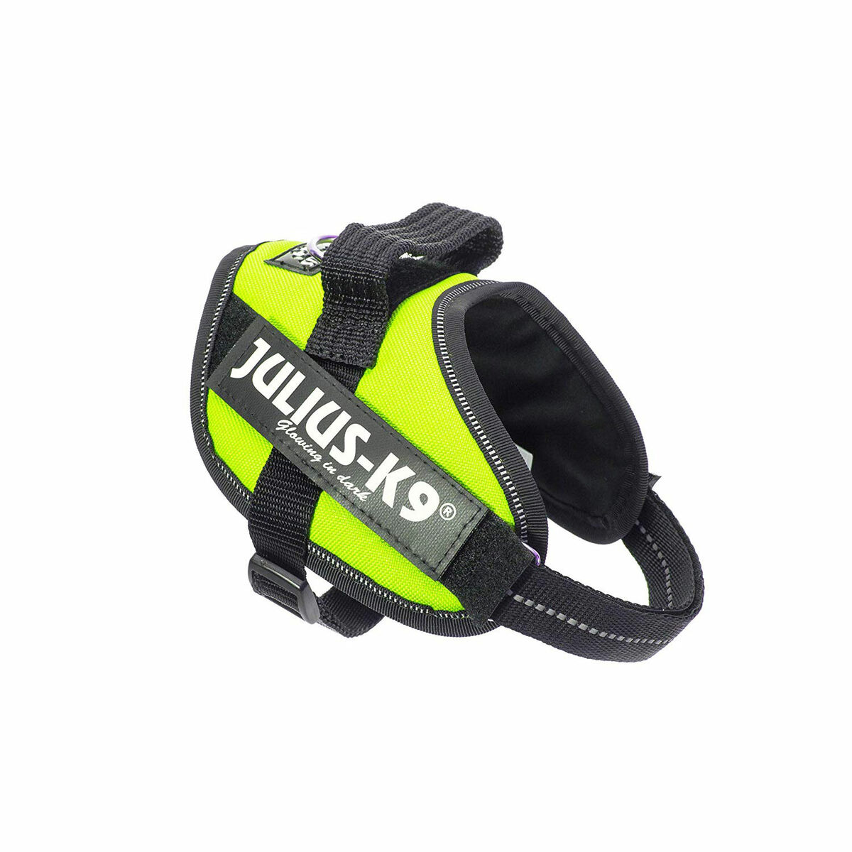 Julius-K9 Hundegeschirr, neongrün und schwarz. Der Text 'Glowing in dark' ist sichtbar.