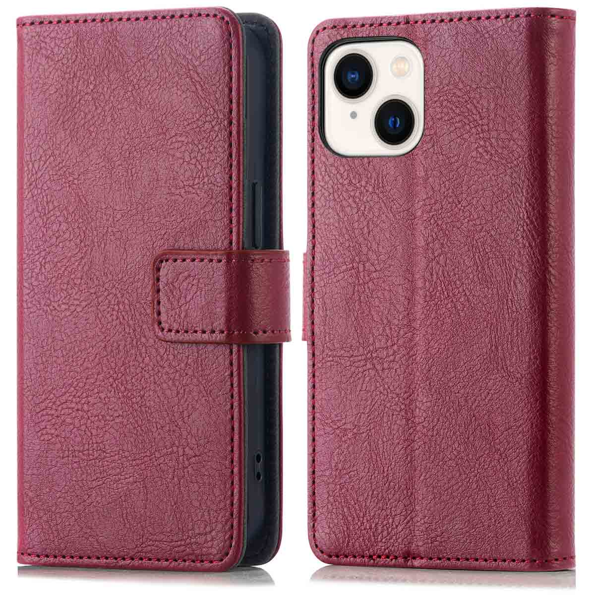 Bordeaux leren telefoonhoesje, open en dicht. Stiksels rond de randen.