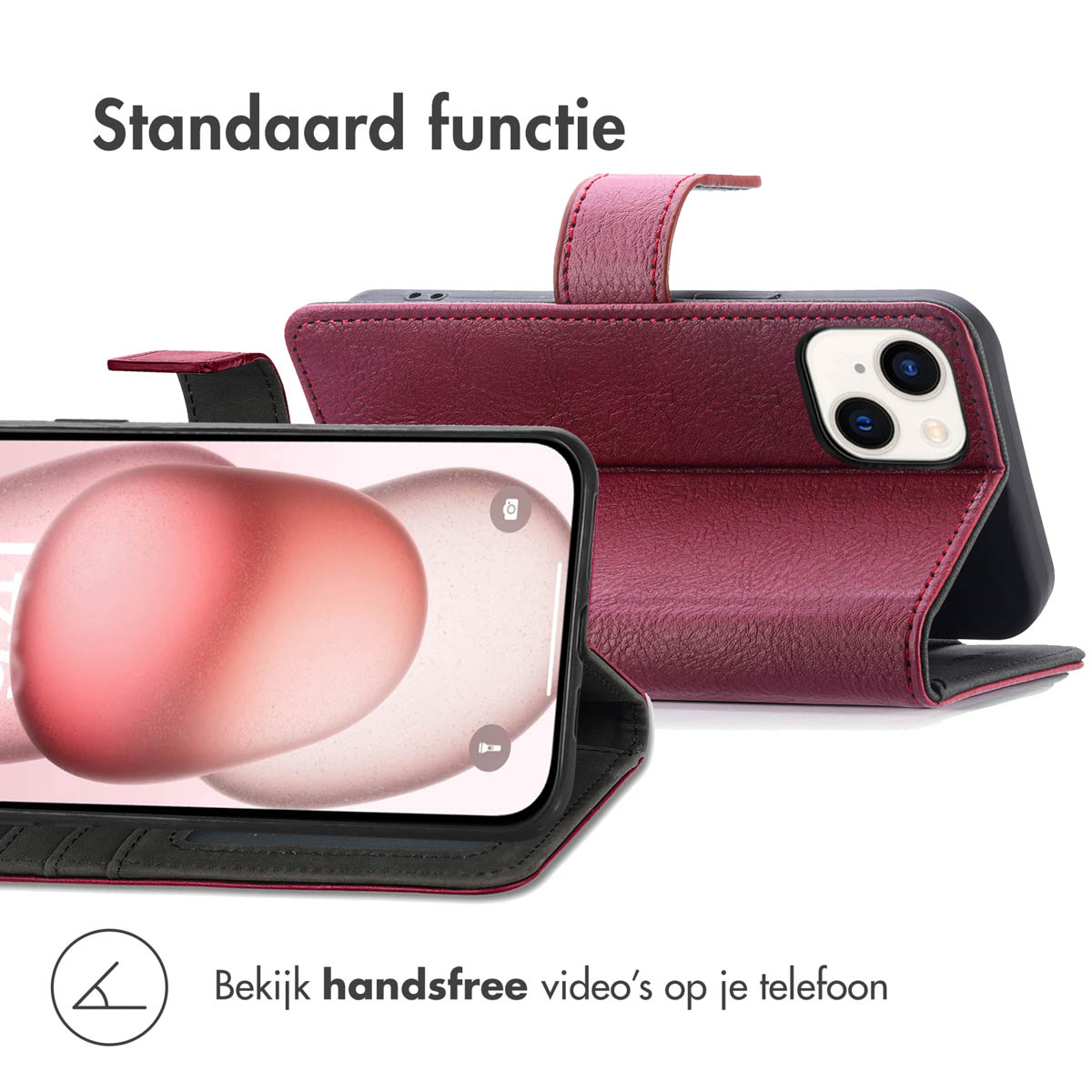Telefoon in een bordeauxrode hoes, open om het scherm te laten zien. Tekst in het Nederlands.