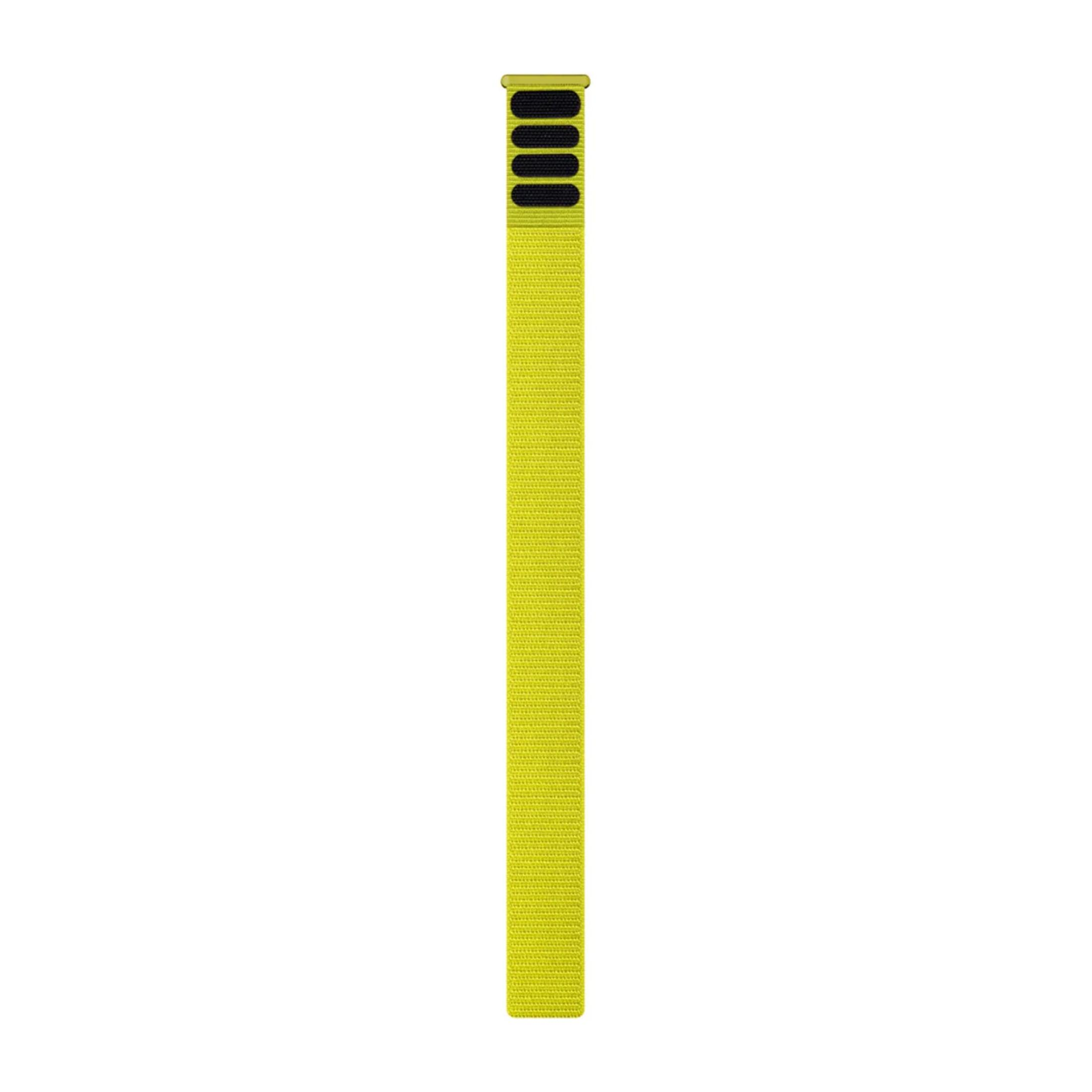 Un cinturino giallo per Apple Watch con connettori neri e un design intrecciato nero sul cinturino.