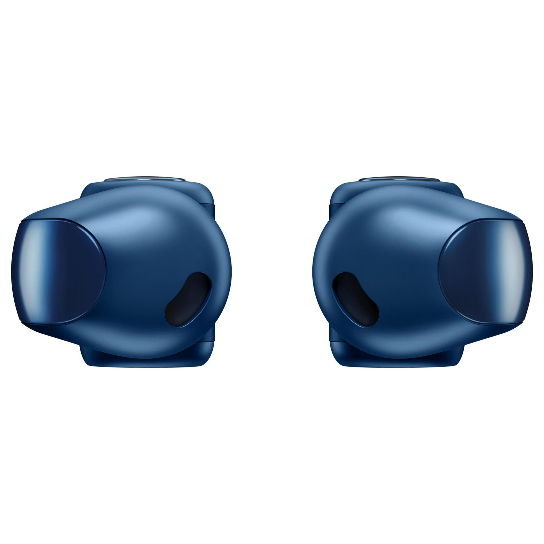 Dwa niebieskie wkładki douszne, skierowane do siebie, z ciemnym otworem pośrodku.
