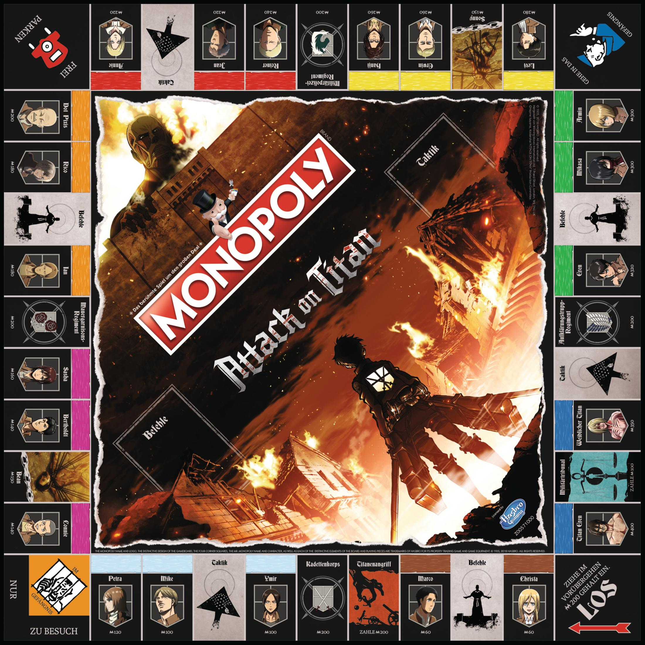 Monopoly-Brettspiel: Attack on Titan Edition. Charaktere und Szenen aus dem Anime. Buntes Brett.