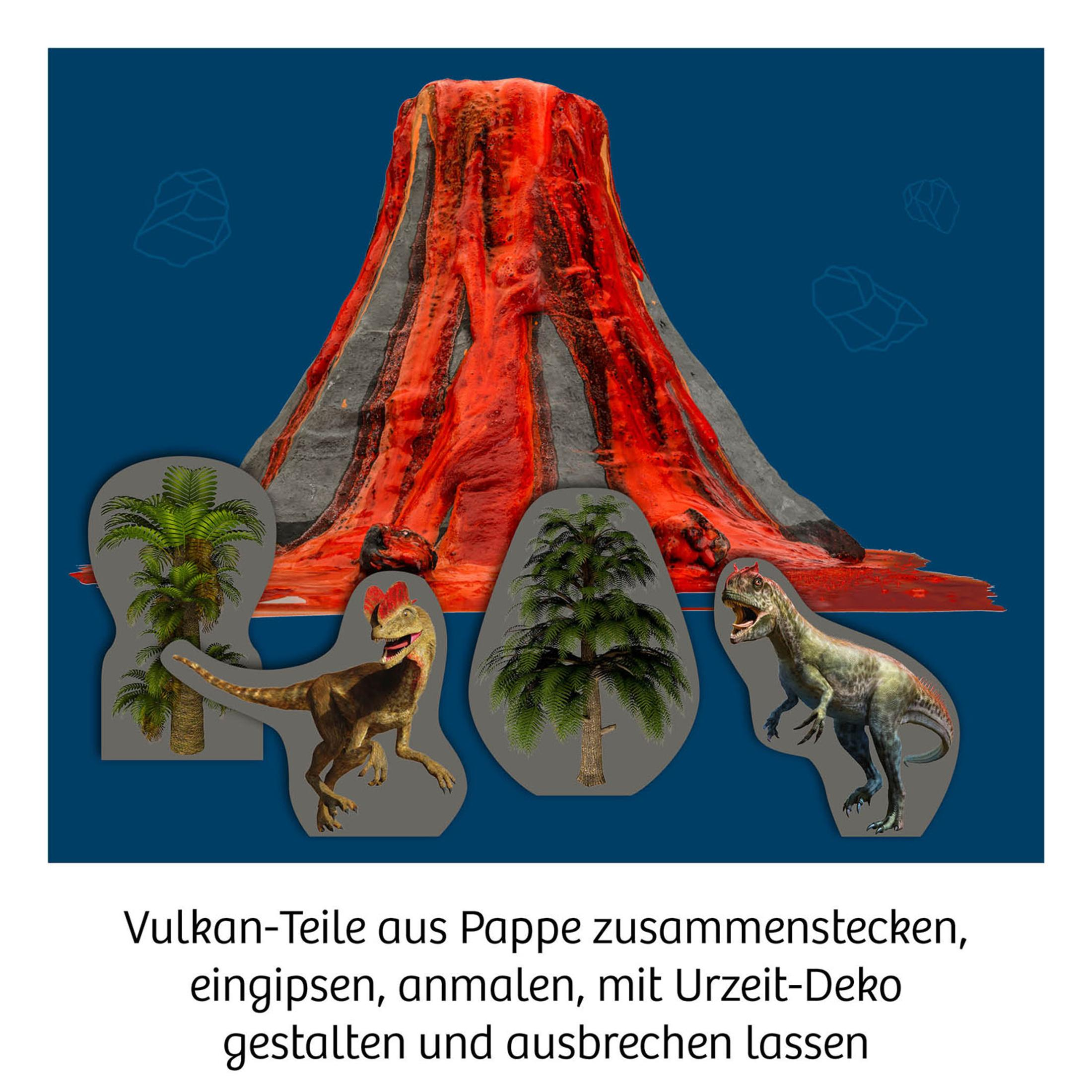 Uno sfondo blu con illustrazioni di vulcani e dinosauri. Istruzioni per assemblare i pezzi di cartone.