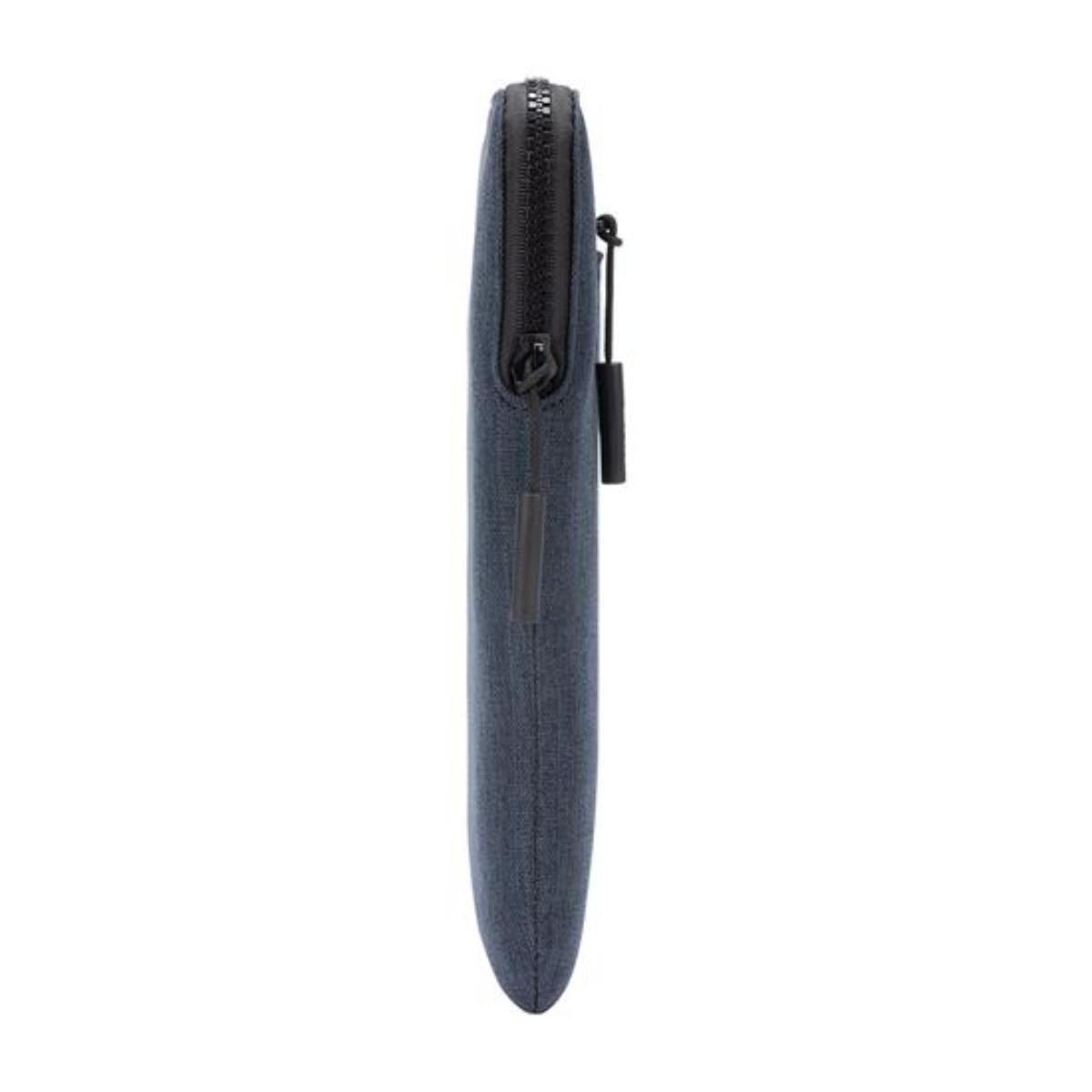 Una custodia rettangolare blu con cerniera. È in piedi. Lo sfondo è bianco.