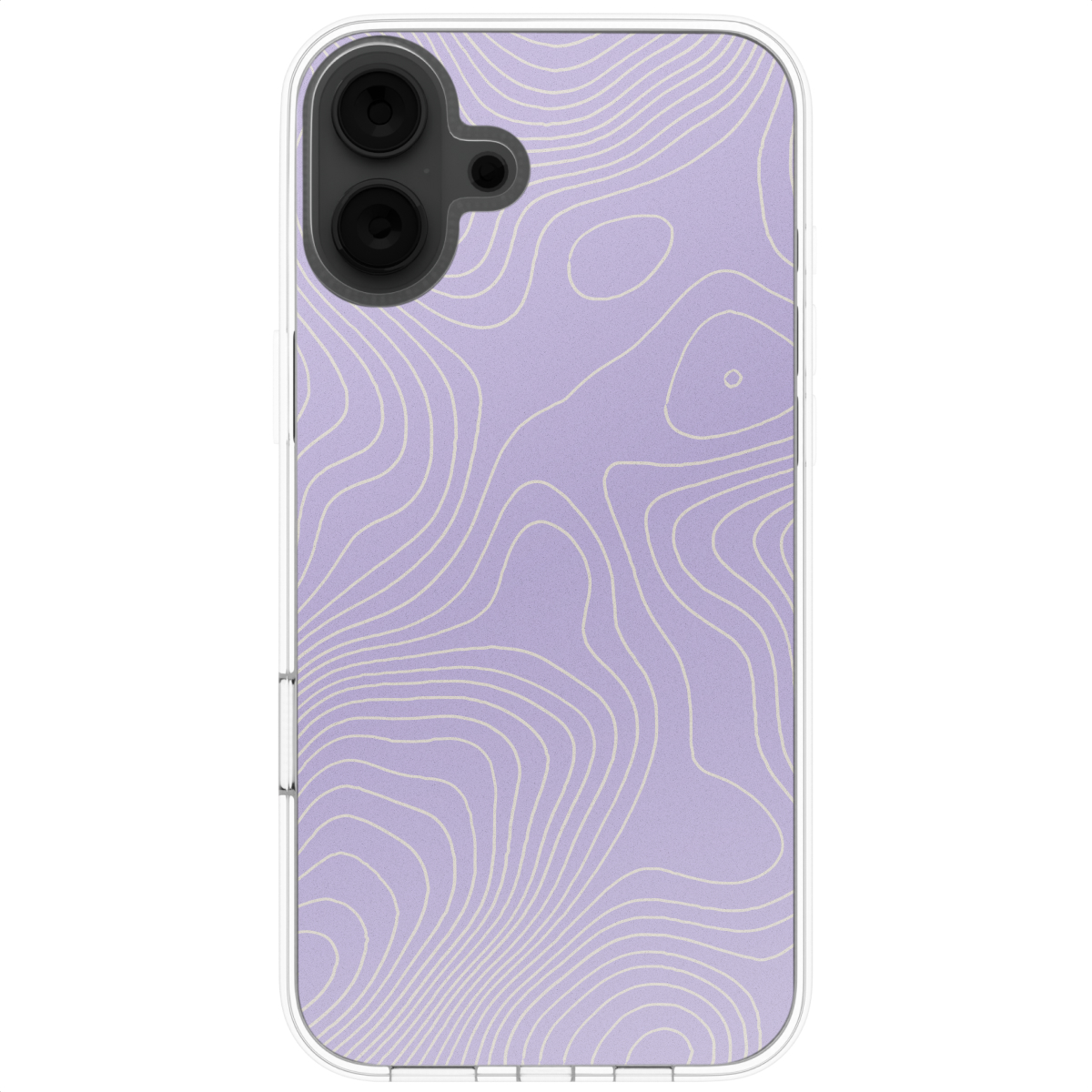Paarse telefoonhoes met een wit topografisch kaartpatroon. De telefoonhoes is transparant.